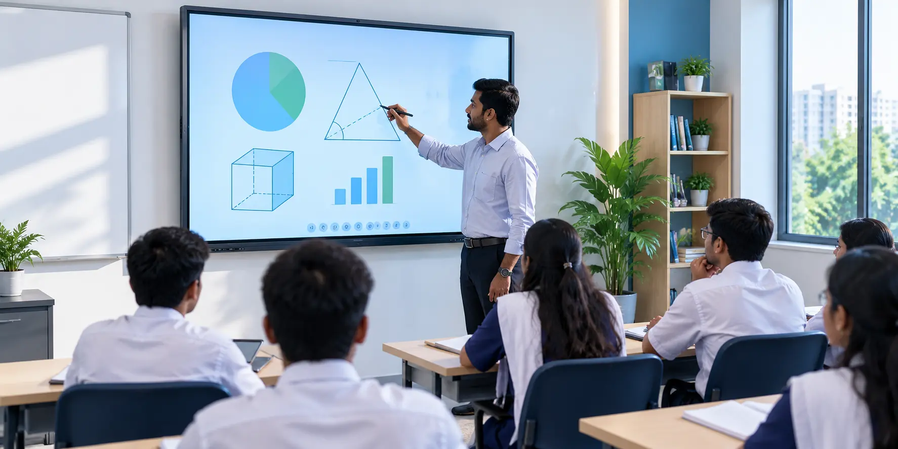 Teacher using an interactive flat panel in a modern smart classroom